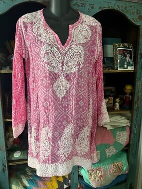 ALKA VORA PINK HAND EMBROIDERED LUCKNOWI BLOCK PRINT TUNIC MINIDRESS 42